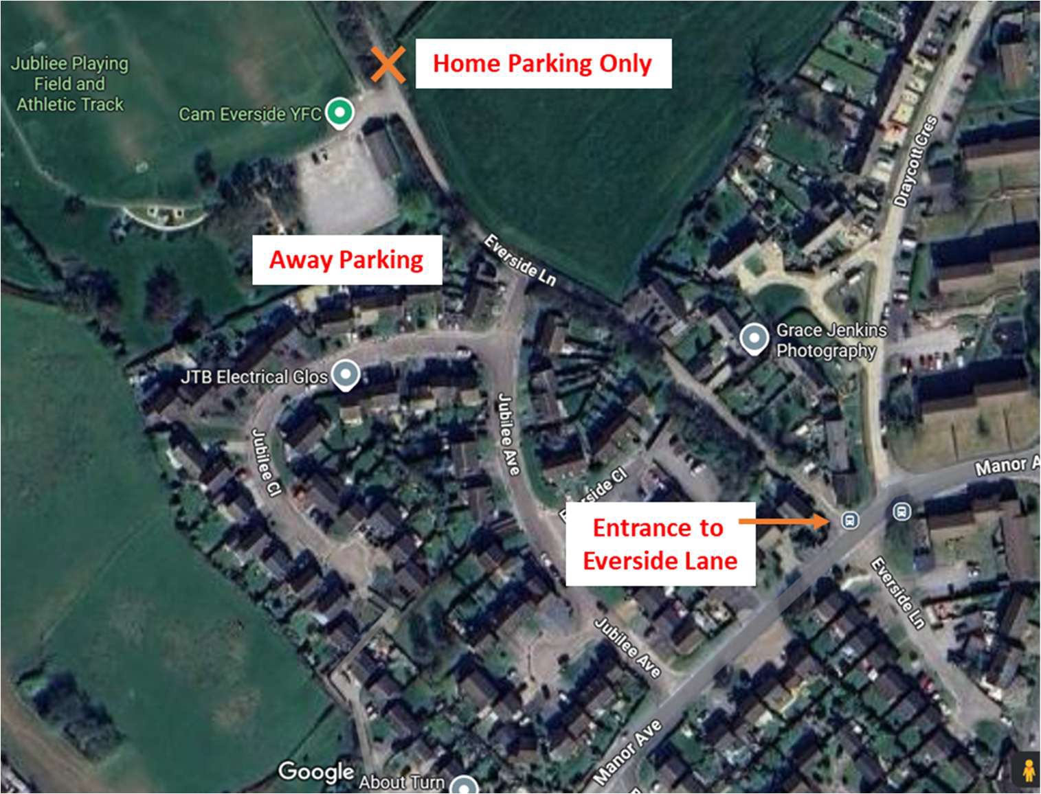 Map showing the entrance to Everside Lane, the away parking area and the home-only parking