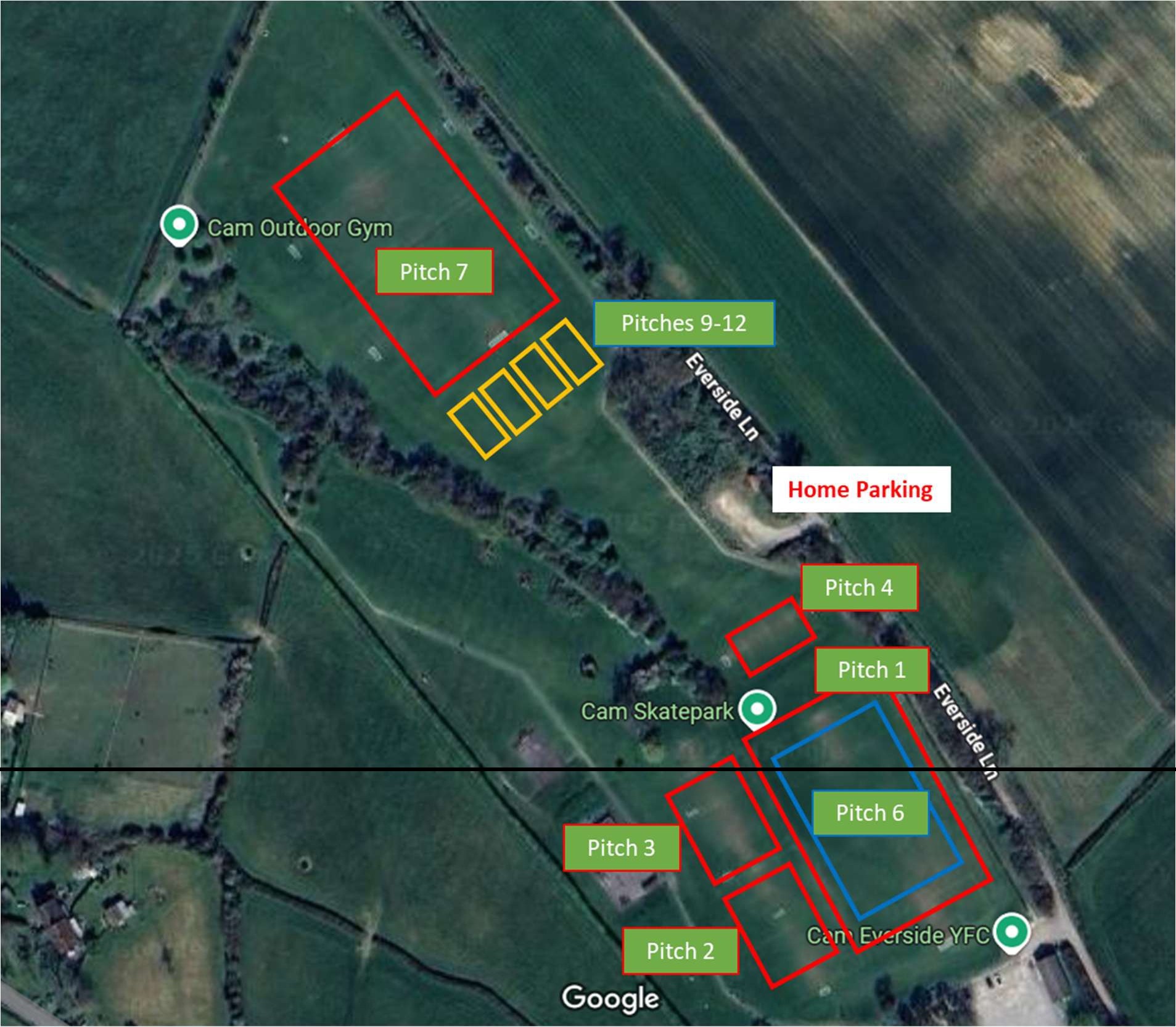 Map showing Pitch 7, Pitches 9 to 12, Pitch 4 and the home parking area, continuing down to Pitch 3, Pitch 2 and Pitch 6 within Pitch 1, alongside Everside Lane